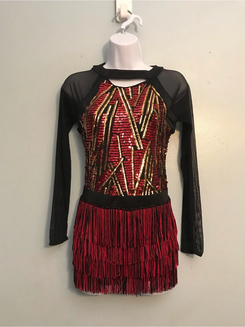 Girls' Red & Gold Sequin Fringe Dance Dress